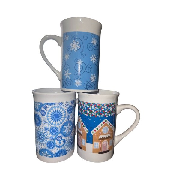 Royal Norfolk Snowflake Ceramic Set of 3 Mug White & Blue 4.5" Tall Dishwasher M - Picture 1 of 7